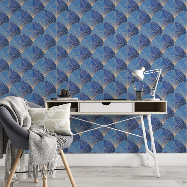 Fan Leaf Pattern Removable Wallpaper, Cool Blue Wall Cling, Geometric , Modern Art Deco Decor, Beautiful Wall Mural Covering