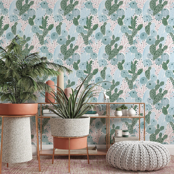 Pastel Cactus Removable Wallpaper, Desert Wall Mural, Boho Living Room Decor, Bright Botanical , Pretty Nature Wall Cling,