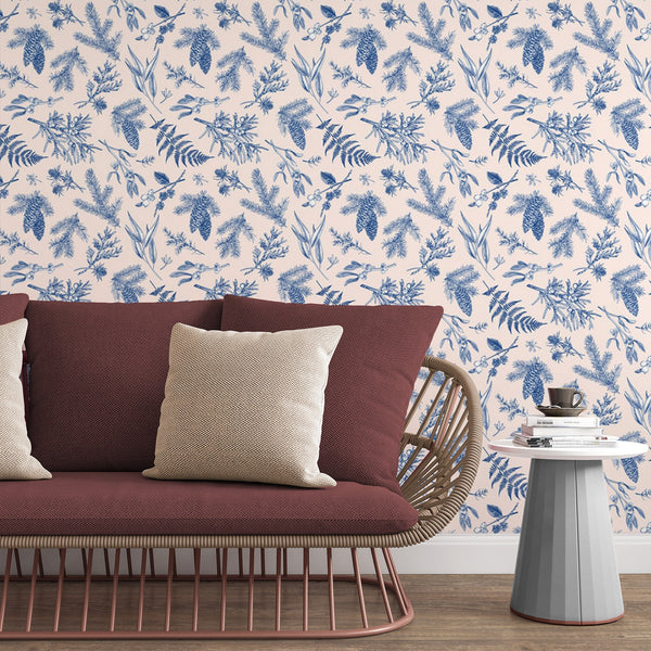 Blue Floral Removable Wallpaper, Pretty Nature Wall Cling, Modern Living Room Decor, Botanical , Flower Pattern Wall Decal