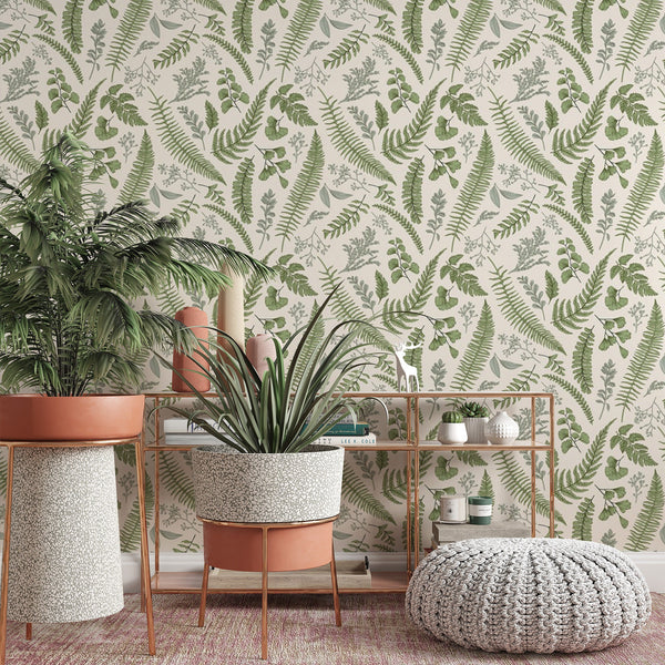 Green Leaves Removable Wallpaper, Botanical Pattern Wall Cling, Chic Room Decor, Nature Mural , Pretty Plant Wall Decal
