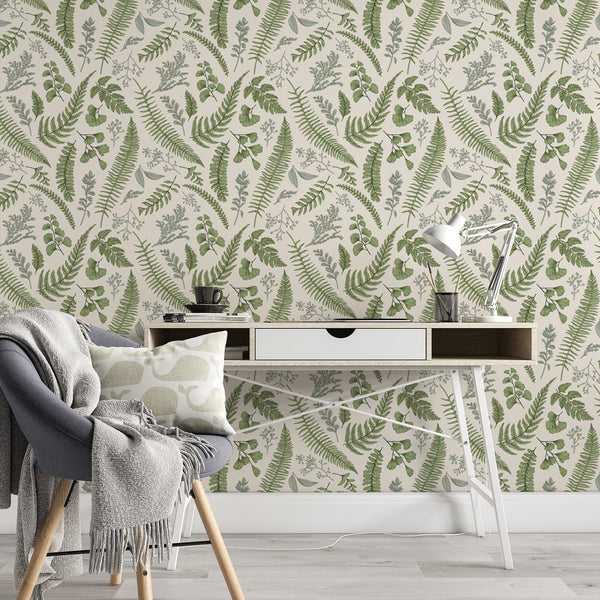 Green Leaves Removable Wallpaper, Botanical Pattern Wall Cling, Chic Room Decor, Nature Mural , Pretty Plant Wall Decal