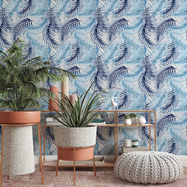 Blue Leaves Removable Wallpaper, Botanical Pattern , Modern Tropical Wall Cling, Nature Home Decor, Pretty Plant Wall Decal