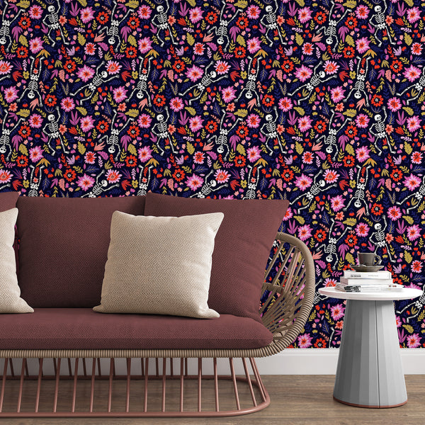 Floral Skeleton Removable Wallpaper, Macabre Wall Cling, Pink Flowers Wall Mural, Dark Botanical , Day of Dead Wall Decor
