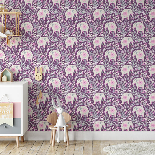 Elephant Pattern Removable Wallpaper, Purple Flowers peel and stick, Botanical Wall Mural, Floral Plant Wall Decal, Pretty Kids Room Decor