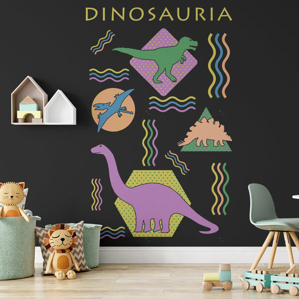 Cool Dinosaur Removable Wallpaper, Black , Kids Room Decor, Fun Prehistoric Wall Cling, Animal Decal, Cute Shapes Wall Mural