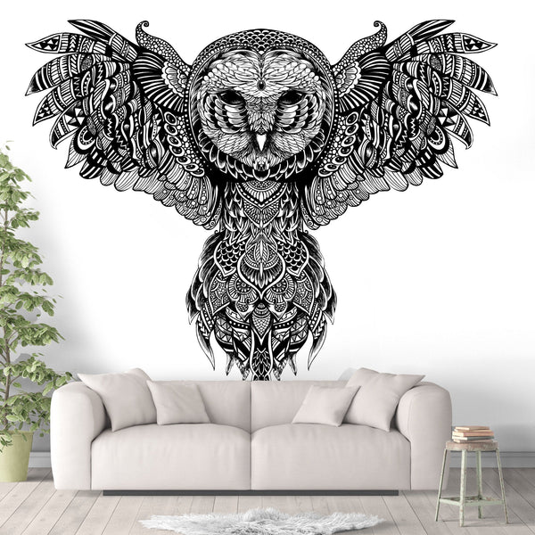 Mystical Owl Removable Animal Wallpaper, Cool Spiritual Wall Cling, Woodland Cling, Pretty Bird Wall Mural, Monochrome