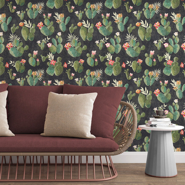 Cactus Pattern Removable Wallpaper, Succulent Plants , Dark Botanical Wall Cling, Chic Flowers Wall Decal, Living Room Decor
