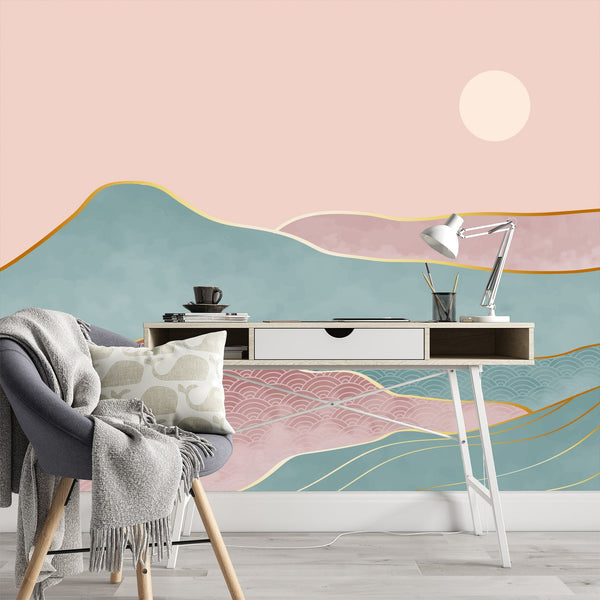Desert Mountains Removable Wallpaper, Pastel Colored Wall Cling, Pretty , Sunny Modern Home Decor, Boho Chic Wall Mural Decal