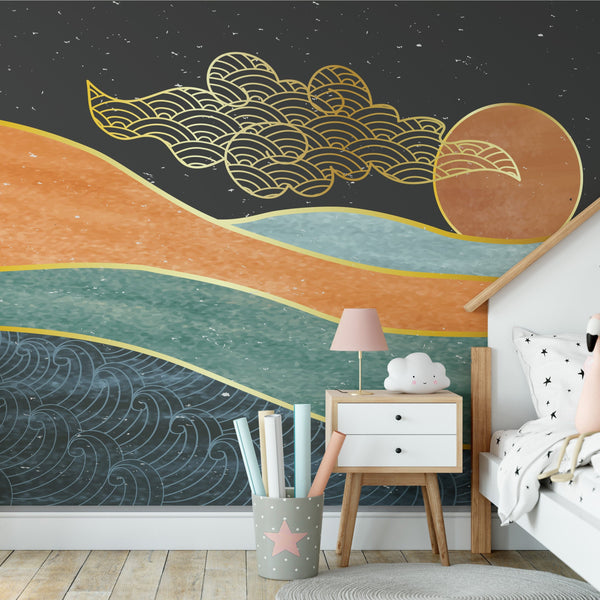 Ocean Sunset Removable Wallpaper, Abstract Art Wall Cling, Nautical , Cool Night Waves Wall Decal, Pretty Beach Wall Mural