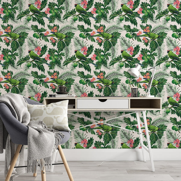Tropical Pattern Removable Wallpaper, Green Parrot , Botanical Wall Decal, Nature Home Decor, Pretty Floral Wall Cling