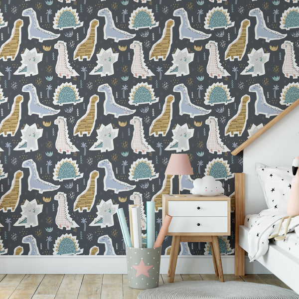 Little Dinosaurs Removable Wallpaper, Cute Animal Wall Mural Decal, Plant , Prehistoric Wall Cling, Modern Kids Room Decor