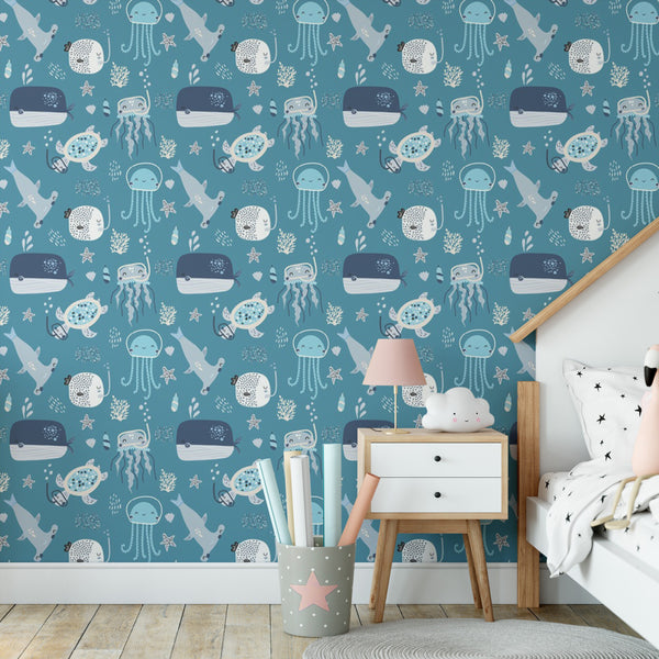 Ocean Life Removable Wallpaper, Snorkeling Sea Creatures Wall Cling, Nautical , Cute Kids Room Decor, Underwater Wall Mural