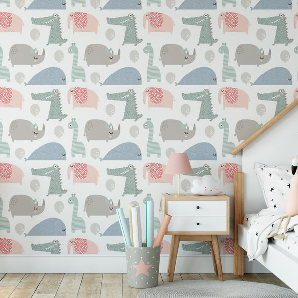 Little Animals Removable Wallpaper, Cute Nature Pattern Wall Cling, Small Kids Room Decor, Pastel , Modern Wall Mural Decal