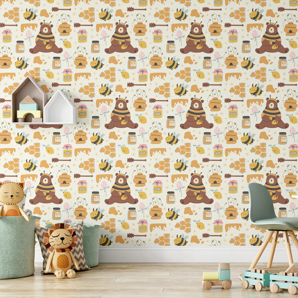 Honey Bee Bear Removable Wallpaper, Cute Animal Wall Cling, Nature , Cool Insect Pattern Wall Mural, Bright Kids Room Decor