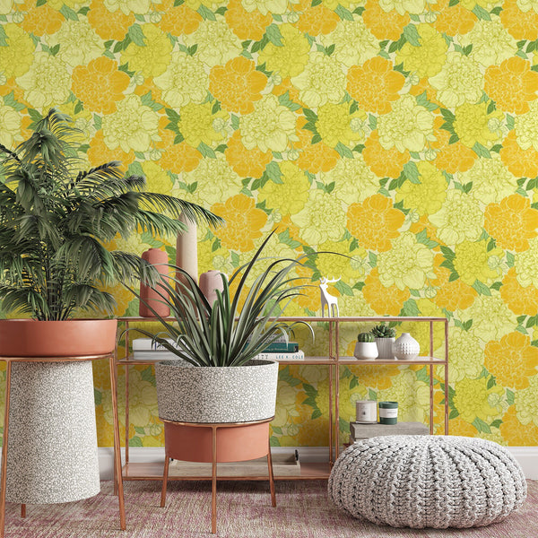 Yellow Peonies Removable Wallpaper, Botanical Pattern Wall Cling, Flower Wall Mural, Floral , Modern Decor, Pretty Wall Decal