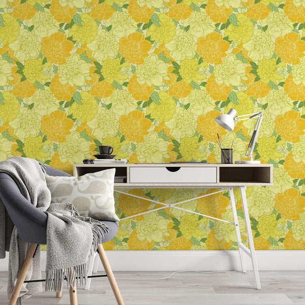 Yellow Peonies Removable Wallpaper, Botanical Pattern Wall Cling, Flower Wall Mural, Floral , Modern Decor, Pretty Wall Decal