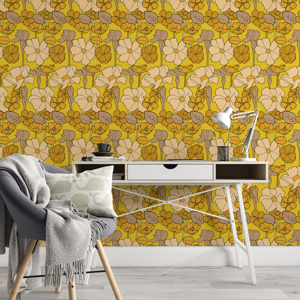 Yellow Flowers Removable Wallpaper Floral Pattern