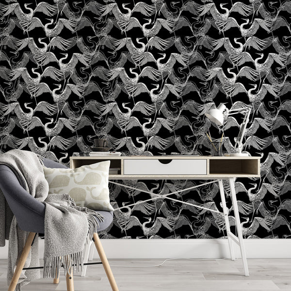 Crane Pattern Removable Wallpaper, Translucent Bird Wall Cling, Black and White , Dark Wall Mural, Cool Modern Home Decor