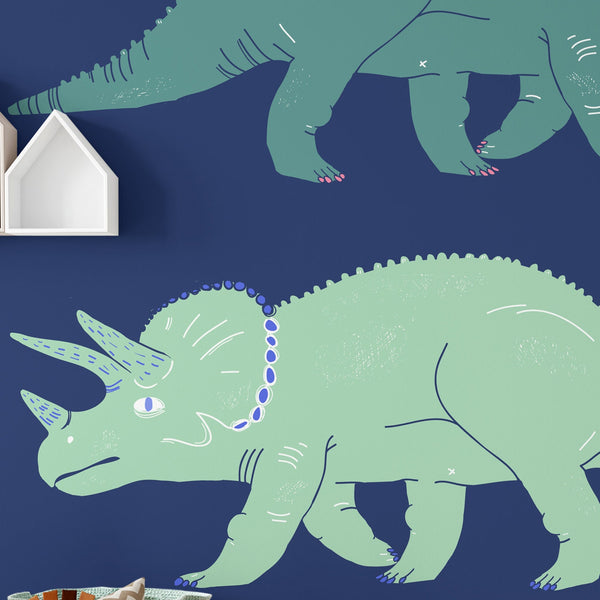 Triceratops Removable Wallpaper, Cute Dinosaur Wall Cling, Blue , Kids Room Decor, Cool Prehistoric Wall Decal, Fun Wall Mural