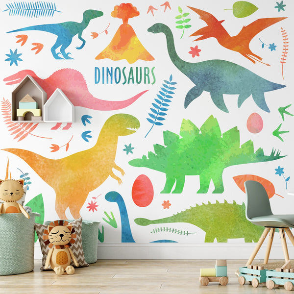 Colorful Dinosaurs Removable Wallpaper, Prehistoric , Kids Room Decor, Pretty Nature Wall Cling, Cute Volcano Wall Mural