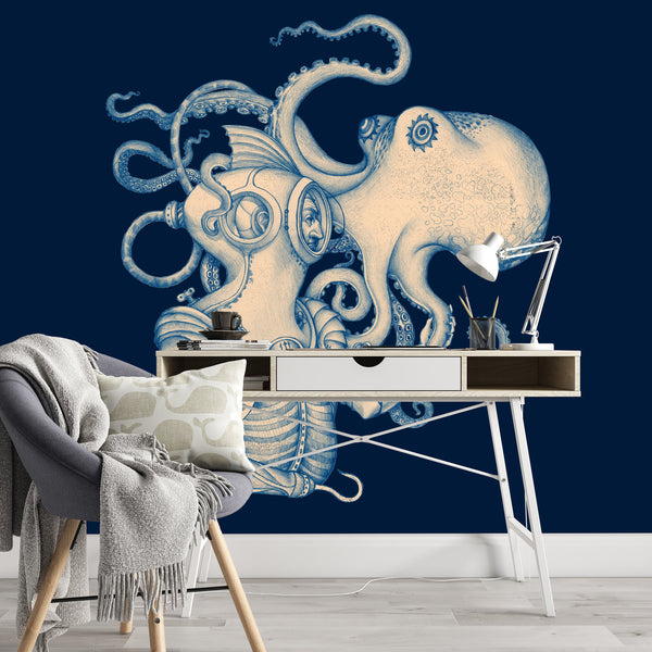 Octopus Diver Removable Wallpaper, Cool Nautical Wall Cling, Creative Retro Wall Mural, Underwater , Sea Creature Wall Decal