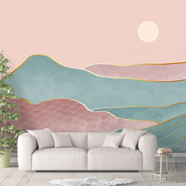 Desert Mountains Removable Wallpaper, Pastel Colored Wall Cling, Pretty , Sunny Modern Home Decor, Boho Chic Wall Mural Decal