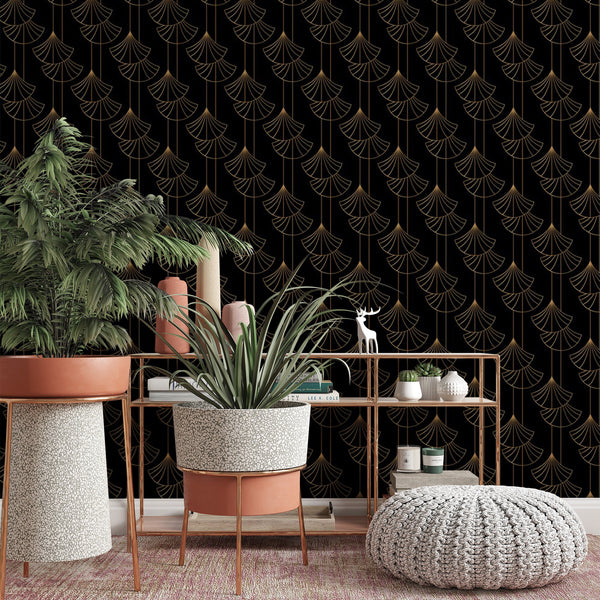 Fan Leaves Pattern Removable Wallpaper, Black Nature Wall Cling, Geometric , Modern Art Deco Decor, Pretty Wall Mural Decal