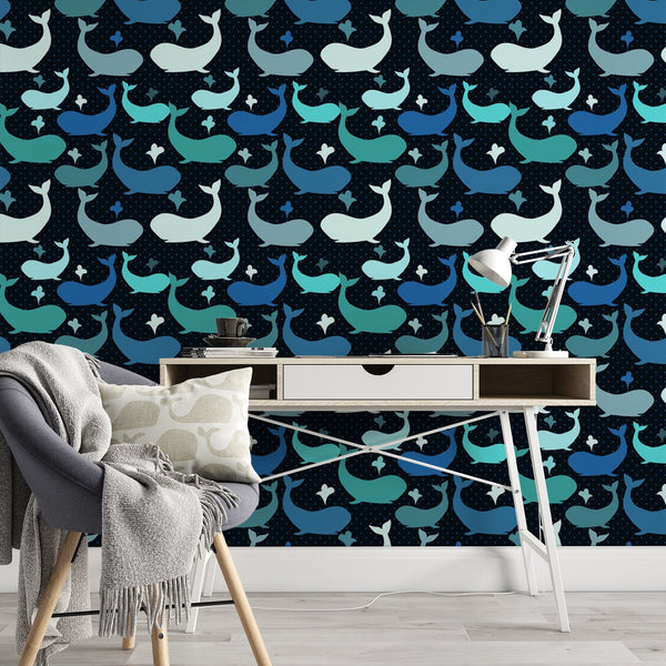 Whale Pattern Removable Animal Wallpaper, Cool Dark Wall Cling, , Modern Home Decor, Pretty Decorative Wall Mural Decal