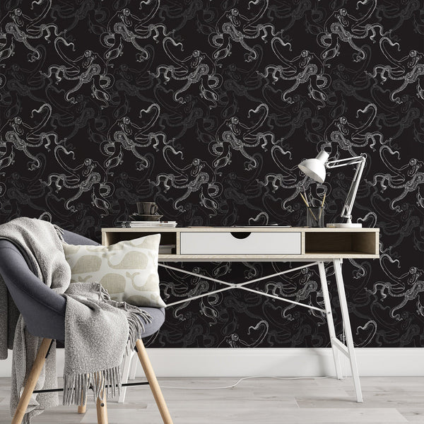 Octopus Pattern Removable Animal Wallpaper, Elegant Dark Wall Cling, Cool , Modern Home Decor, Decorative Wall Mural Decal