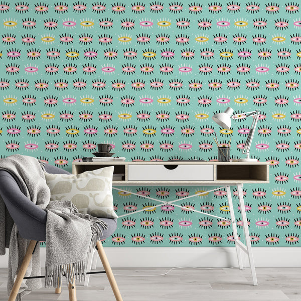 Eyes Pattern Removable Wallpaper, Cute Turquoise Wall Cling, Colorful , Modern Home Decor, Cool Pastel Wall Mural Decal