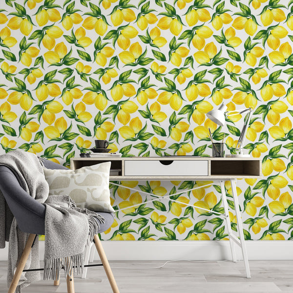Lemon Pattern Removable Wallpaper, Pretty Yellow Fruit Wall Cling, Plant , Modern Kitchen Decor, Citrus Food Wall Mural Decal