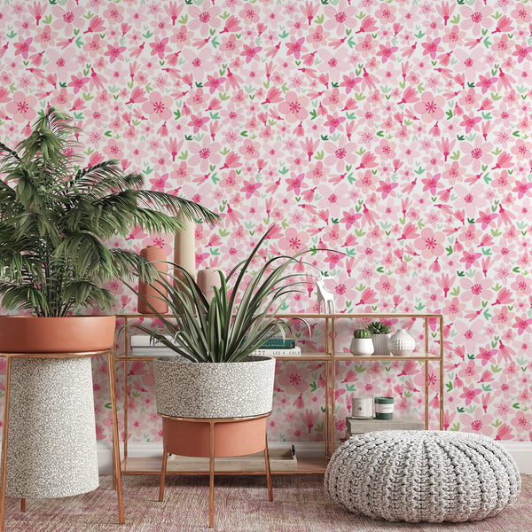 Pink Blossom Removable Wallpaper, Floral Pattern Wall Cling, Botanical , Modern Home Decor, Pretty Decorative Wall Mural Decal