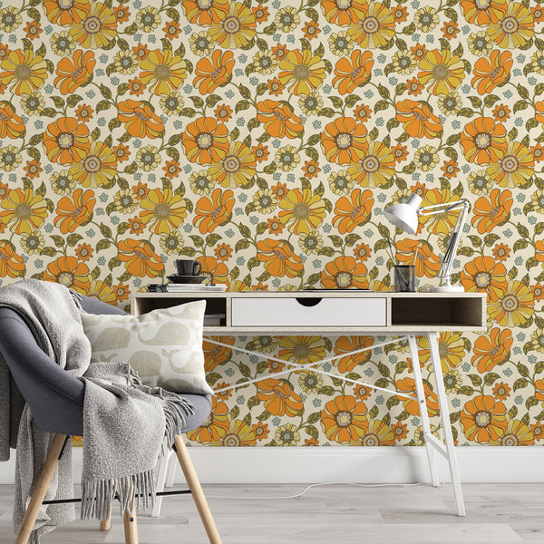 Floral Pattern Removable Wallpaper, Pretty Orange Flower Wall Cling, Botanical , Modern Home Decor, Cute Wall Mural Decal
