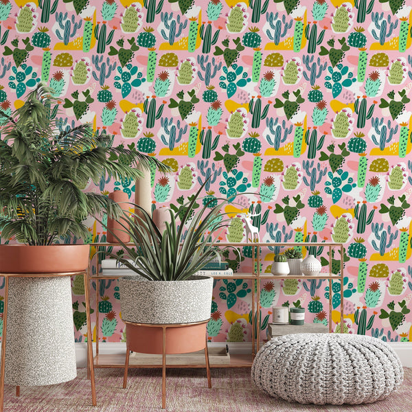 Cactus Pattern Removable Wallpaper, Colorful Desert Wall Cling, Succulent , Modern Home Decor, Decorative Wall Mural Decal