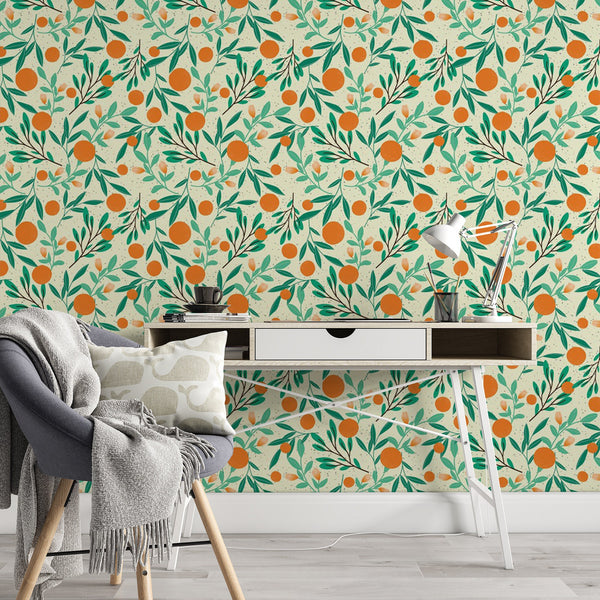Oranges Pattern Removable Wallpaper, Pretty Fruit Wall Cling, Food , Modern Home Decor, Cool Decorative Wall Mural Decal
