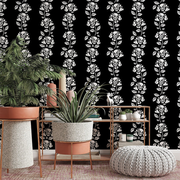 Skull Flowers Removable Wallpaper, Dark Floral Wall Cling, Botanical , Modern Home Decor, Macabre Pattern Wall Mural Decal
