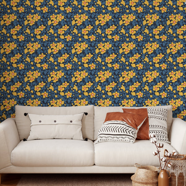 Yellow Floral Pattern Removable Wallpaper, Cool Flower Wall Cling, Botanical , Modern Home Decor, Decorative Wall Mural Decal