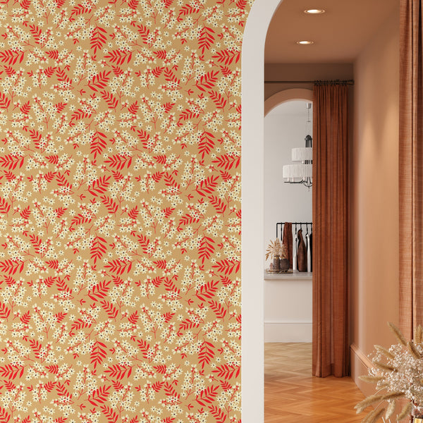 Red Floral Pattern Removable Wallpaper, White Flower Wall Cling, Botanical , Modern Home Decor, Decorative Wall Mural Decal