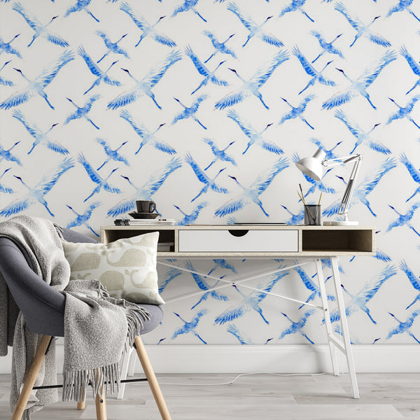 Crane Pattern Removable Animal Wallpaper, Pretty White Blue Wall Cling, , Modern Home Decor, Decorative Wall Mural Decal