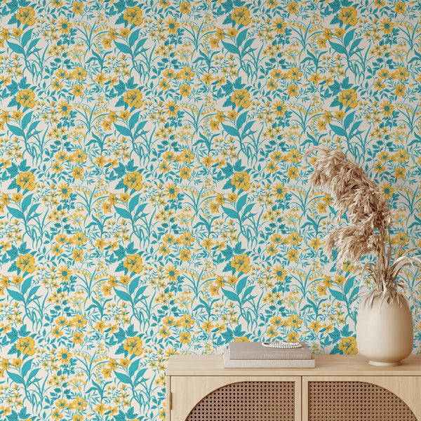 Yellow Flower Pattern Removable Wallpaper, Blue Leaf Wall Cling, Botanical , Modern Home Decor, Decorative Wall Mural Decal