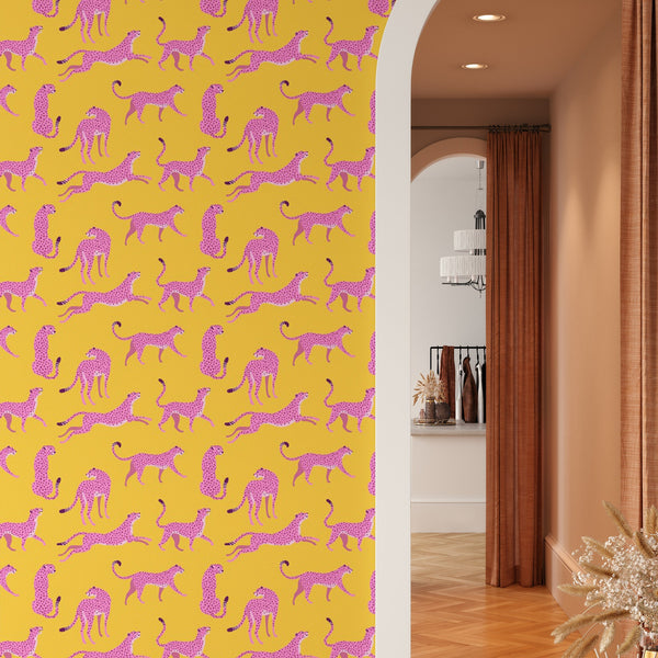 Cheetah Pattern Removable Wallpaper, Cool Yellow Wall Cling, Animal , Modern Home Decor, Pretty Decorative Wall Mural Decal
