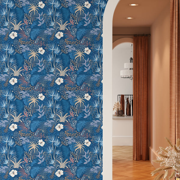 Floral Pattern Removable Wallpaper, Elegant Blue Wall Cling, Botanical , Modern Home Decor, Pretty Decorative Wall Mural Decal
