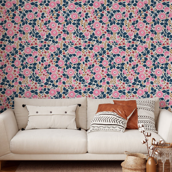 Pink Flower Pattern Removable Wallpaper, Pretty Floral Wall Cling, Botanical , Modern Home Decor, Decorative Wall Mural Decal