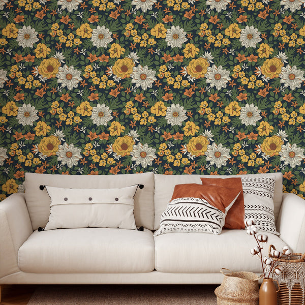 Yellow Flower Pattern Removable Wallpaper, Cool Floral Wall Cling, Botanical , Modern Home Decor, Decorative Wall Mural Decal