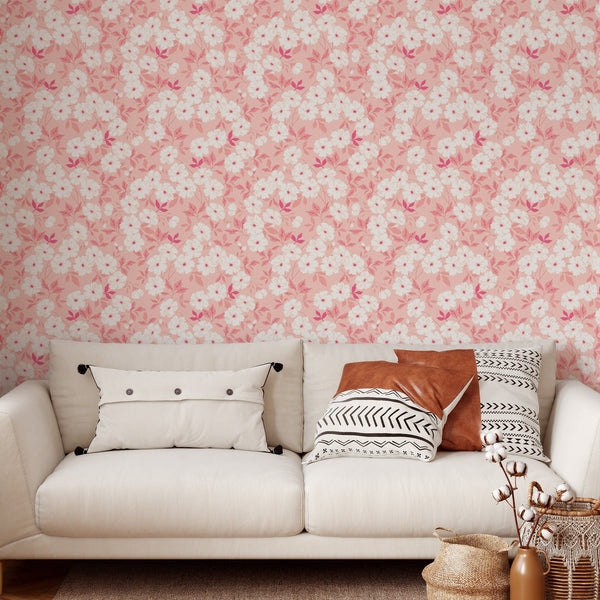 Pink Floral Pattern Removable Wallpaper, White Flower Wall Cling, Botanical , Modern Home Decor, Decorative Wall Mural Decal