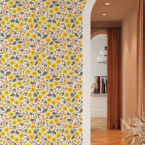 Yellow Floral Pattern Removable Wallpaper, Cool Vintage Wall Cling, Botanical , Modern Home Decor, Decorative Wall Mural Decal