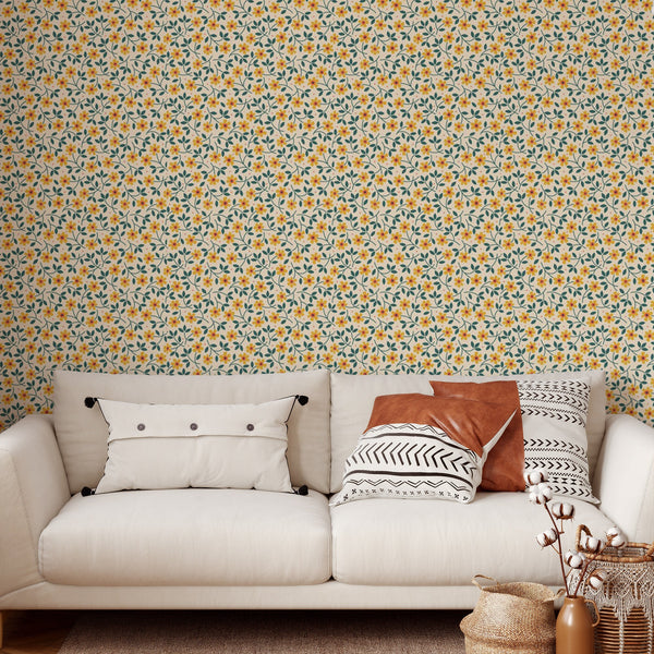 Yellow Daisy Pattern Removable Wallpaper, Pretty Floral Wall Cling, Botanical , Modern Home Decor, Decorative Wall Mural Decal