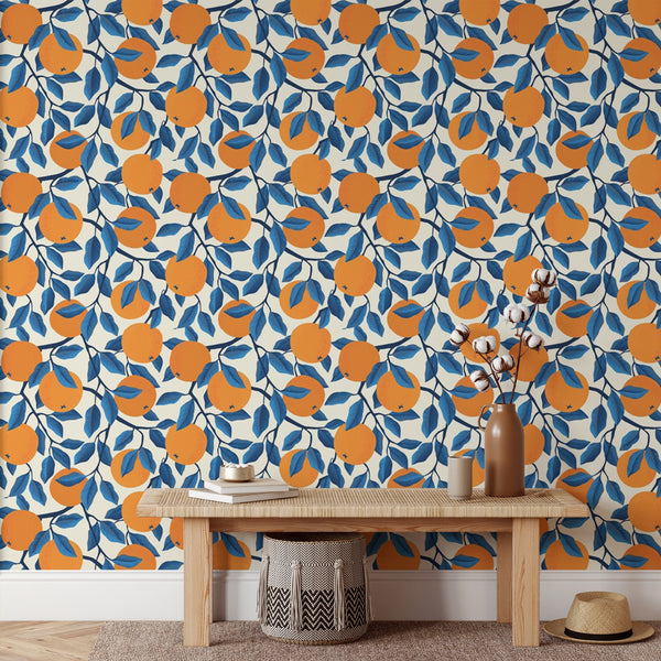 Oranges Pattern Removable Wallpaper, Pretty Blue Leaf Wall Cling, Botanical , Modern Home Decor, Decorative Wall Mural Decal
