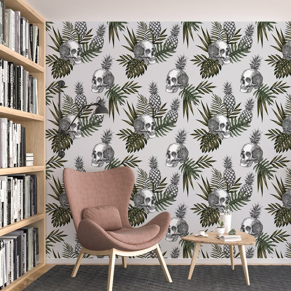 Pineapple Skull Pattern Removable Wallpaper, Cool Leaf Wall Cling, Artistic , Modern Home Decor, Decorative Wall Mural Decal