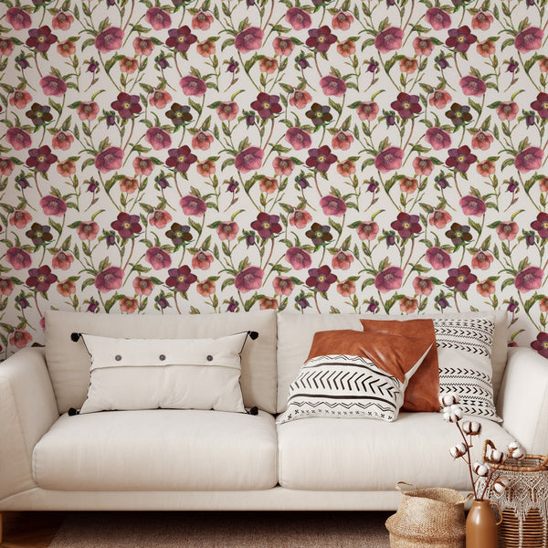 Floral Pattern Removable Wallpaper, Purple Flower Wall Cling, Botanical , Modern Home Decor, Decorative Wall Mural Decal